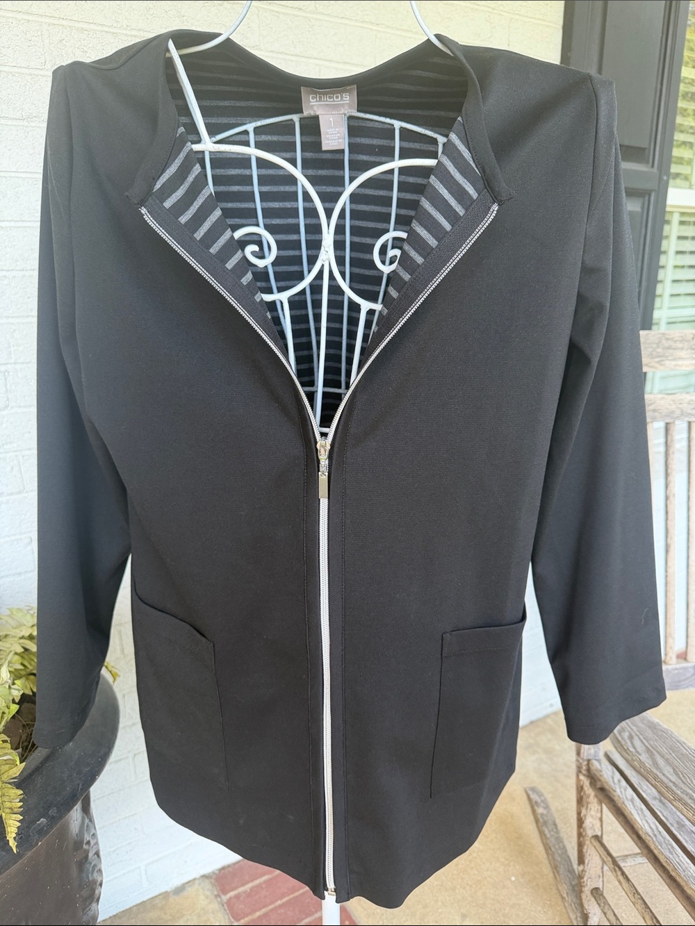 Chico's Black Zip-Front Jacket with Striped Gray Lining